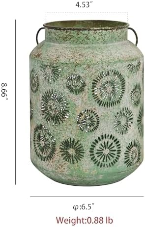 Rustic Metal Hanging Lantern, 8.66" H Vintage Distressed Green Firework Cutout Decorative Lantern for Indoor Outdoor Use, Tabletop Patio Wedding Centerpiece, Fits Pillar & LED Candles - Image 6