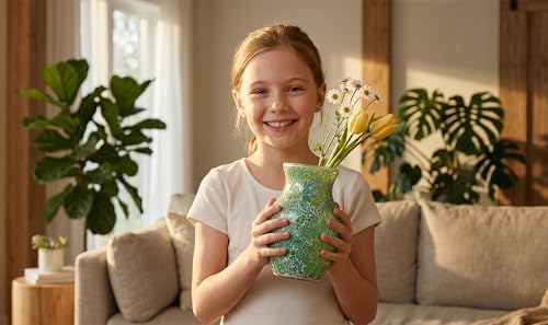 8" Organic Green Mosaic Vase, Heavy Glass Healing Spring Decor Centerpiece, Hand-Pasted Crackle Glass Flower Vase with Anti-Slip Base, Boho Nature Accent for Living Room & Bathroom - Image 3