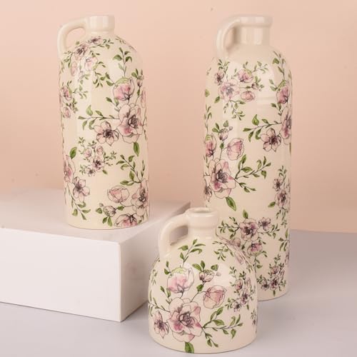 Set of 3 Vintage Floral Ceramic Bottle Vases with Handles - Rustic Crackle Glaze Finish - Decorative Flower Vases for Home Decor, Table Centerpieces, Shelf Display, Boho Farmhouse Decor (3, Ivory) - Image 6