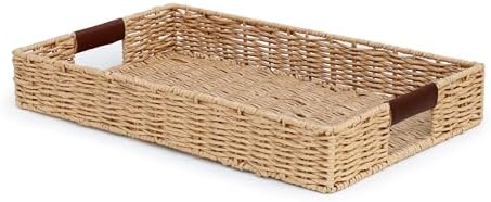 Summit Living Handwoven Multipurpose Rectangle Rattan Tray, 20” x 12” – Durable Wicker Tray with Leather Handles for Home Decor Display by SummitLiving