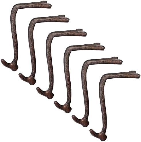 Lulu Decor,100% Cast Iron 8" Brown Straight Branch Stocking Holder for mantle Holds Up to 9 lbs Low Profile Design with Rubber Grip Ideal for Christmas Stockings Garland Holder Antler shape (Set of 6) by LuluDecor