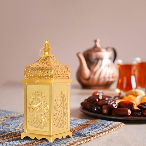NEEDOMO Ramadan Decorations,14" LED Ramadan Lantern, Ramadan Decorations for Home, Vintage Gold Metal Candle Lantern with Lights, Remadan Decor for Table, Wall, Indoor Outdoor - Image 4