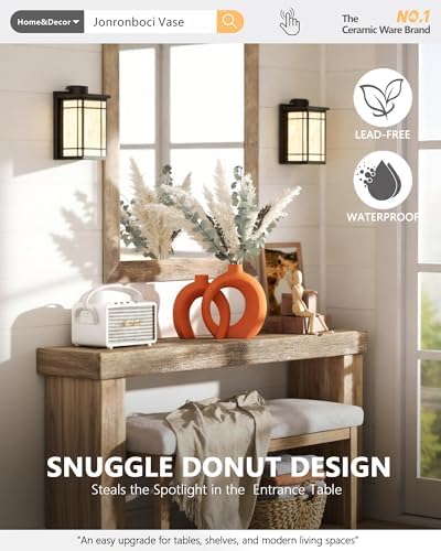 Set of 2 Orange Ceramic Vases for Home Decor Accents - Unique Hollow Donut Artistic Design Mid-Century Modern Eclectic Fall Style Decorative Vases for Shelf, Mantel, Entryway Table Decor(Matte Orange) - Image 3