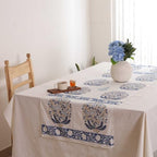 Hand Block Printed Cotton Table Runner, Boho Floral Table Setting Accent, Machine Washable Cotton Runner for Extended Dining Tables and Buffet Tables, 16x106 Inches - Blue & Ivory - Image 2
