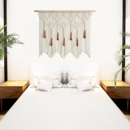 Youngeast Large Macrame Wall Hanging Boho Woven Tapestry Bohemian Macrame Wall Decor Handmade Tassel Tapestry Home Decoration for Bedroom Living Room 39"X31" (Wood Dowels Not Included) (Beige) - Image 4
