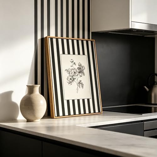 Yellow Framed Stripes Flower Canvas Wall Art Black White Striped Floral Painting Decor Pictures Vintage Sketch Plant Orchid Bedroom Living Posters Prints for Corridor Kitchen Room Decoration - Image 4