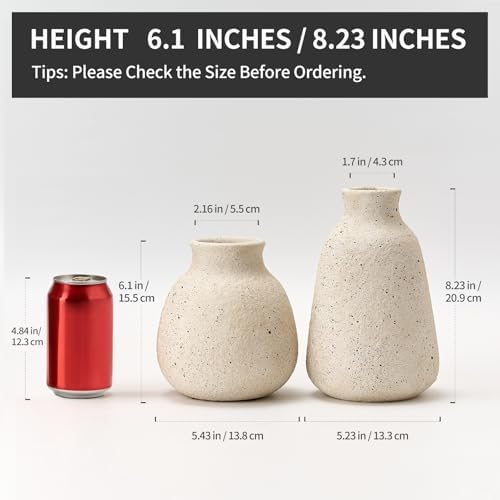 Ceramic Vase Set of 2 for Home Decor, Handcrafted Sesame Dot White Rustic Terracotta Vases, Vintage Farmhouse Decor, Minimalist Decorative Vases for Table Centerpiece Fireplace Nightstand Decoration - Image 2