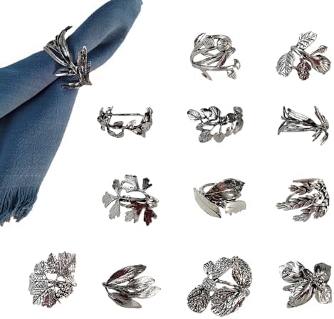 Bakayoyo Elegant Vintage Silver Herb Napkin Rings Set of 12 - Glossy Leaf Napkin Holders, Metal Table Adornment for Christmas, Thanksgiving, Weddings & Holiday Parties by Unknown