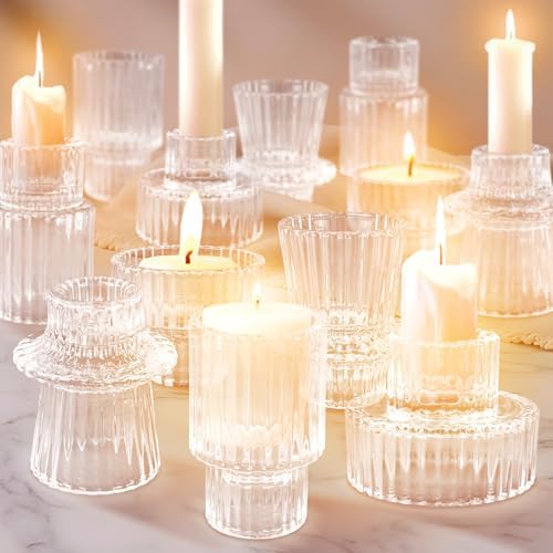 12 Pcs Glass Candlestick Holders Taper Candle Holders for Table Centerpieces, Wedding Decor and Dinner Party, Clear by %E2%80%8B%E2%80%8BPawCozy%E2%80%8B%E2%80%8B