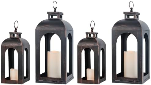LED Lantern Decorative Outdoor&Indoor, Set of 4 (17’’&13’’) Black Metal Lanterns Decor, Vintage Hanging Candle Holder for Home Porch Wedding Halloween Christmas Decorations Battery Powered by DECORKEY