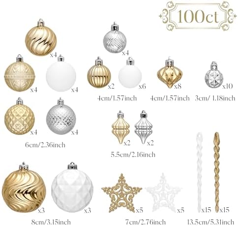 Valery Madelyn 100ct Christmas Tree Decorations Ball Ornament Set, White and Gold Shatterproof Hanging Ornaments Bulk for Xmas Holiday Party Decor - Image 4