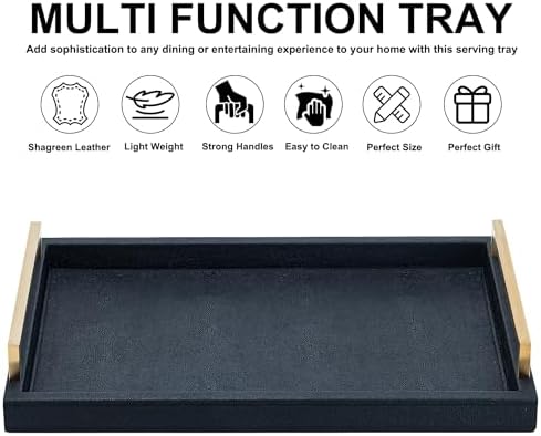 XIGEXIGE Black Faux Leather Serving Tray, 17x12 inches, Brushed Gold Handles, Decorative Tray for Ottoman Coffee Table, Living Room, Kitchen, Bathroom - Image 3