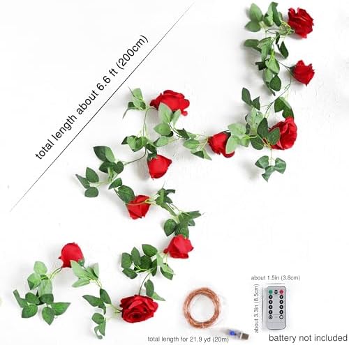 FiveSeasonStuff 29 Ft 4 Pack Christmas Red Rose Silk Flower Garland Artificial Flowers Decoration Hanging Floral with 66 feet String Lights - Image 6