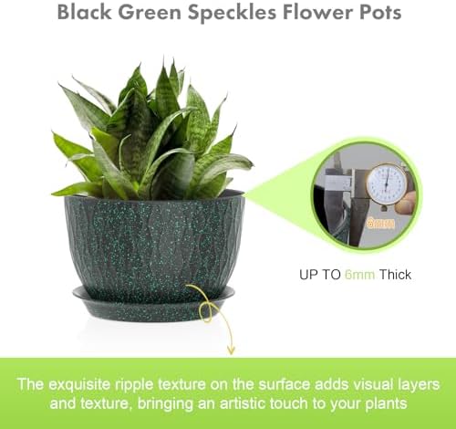Meowell 12/10/9 inch Large Plant Pots, 3 Pack Wide Flower Pots for Outdoor Indoor Plants, Water Ripples Plastic Planters with Drainage Holes and Saucers for Garden House, Black with Green Speckles - Image 3