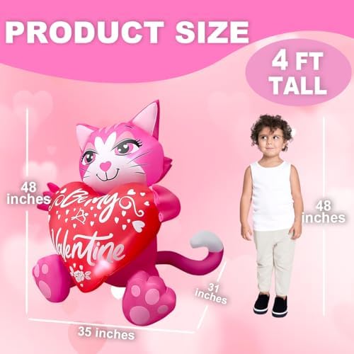 4FT Valentine's Day Inflatables Cute Pink Cat with Heart Decorations Built-in LED Lighted Blow Up Decor Indoor Outdoor Holiday Art Decor Romantic Gift for Anniversary Wedding Party - Image 2