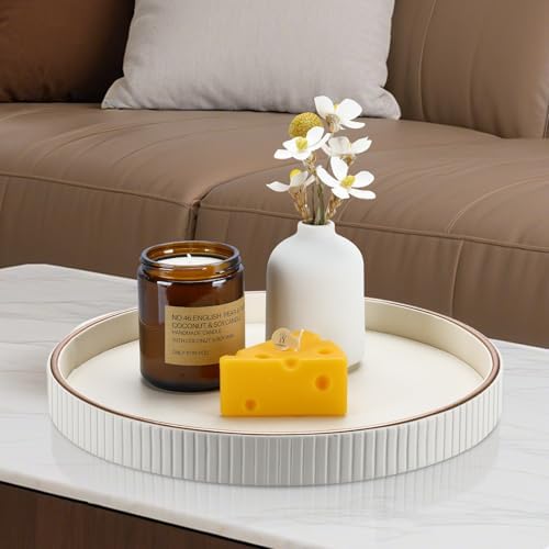 KINGFOM Round PU Leather Decorative Tray with Gold Trim, Catchall Tray for Jewelry, Keys & Small Accessories, Modern Vanity Tray for Dresser, Entryway & Bathroom Counter (Ivory White) - Image 7