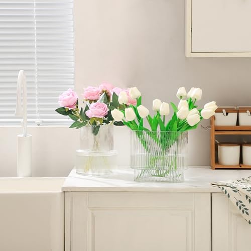 Ribbed Vase, Fluted Glass Vase for Flowers, Clear Flower Vases for Tulips, Modern Vases for Living Room, Dining Table, Office, Bedroom, Mantle, Shelf, Wedding, 7 Inch - Image 3