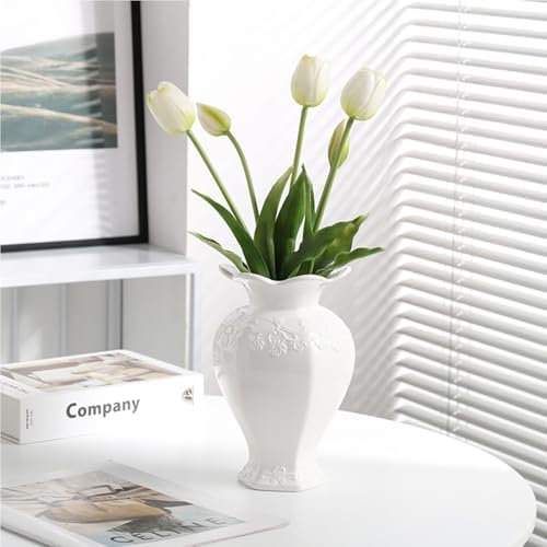 Relievo Elegant White Cream 8in 11in Ceramic Flower Tall Aesthetic Beige Table Tulip Wide Mouth Rose Filler Decorative Rustic Vase Decor for Home (White Vase, L) - Image 5
