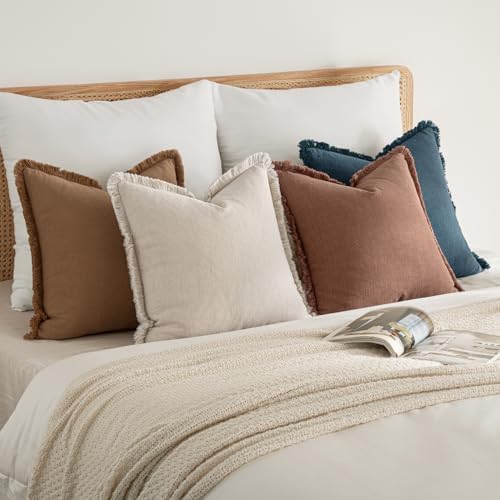 MIULEE Fall Linen Fringe Pillow Covers Set of 4 20x20 Beige/Brown/Blue - Image 5