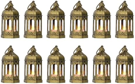 LLQ 12Pcs 5-Inch Ramadan Mini Lanterns - Ramadan & Eid Mubarak Decorations - Vintage Table Centerpieces for Wedding&Christmas Decor - LED Flickering Lantern Light for Hang Ornaments(Brushed Brass) by LLQ-LuckLifeQuality