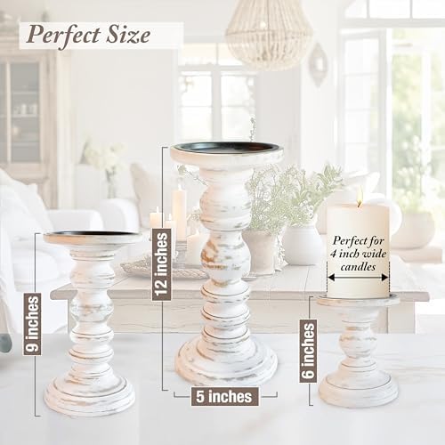 Large Candle Holders for Pillar Candles (3 Piece Set) Tall Rustic Wood Farmhouse Pillar Candlestick Stands - Fits 4 inch inch Wide Pillar Candles - Modern Candle Holder Decor (Antique White) - Image 2