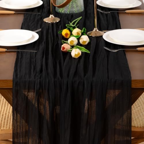 Black Cheesecloth Table Runner Boho Wrinkled Gauze Table Runners - Image 2