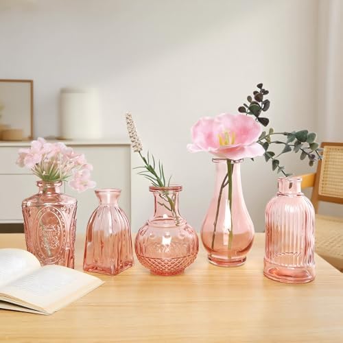 Pink Bud Vases in Bulk 12, Vintage Small Vases for Flowers, Clear Mini Glass Vase for Centerpieces, Decorative Embossed Flower Vase for Wedding Table Decoration, Baby Shower, Birthday Party - Image 5