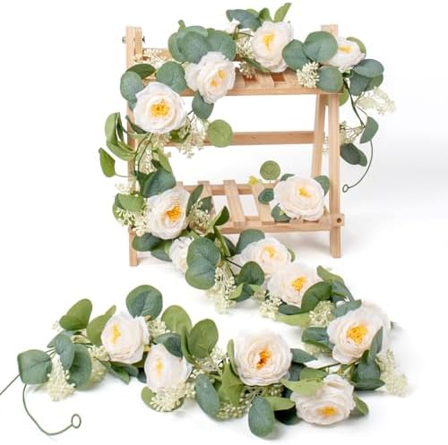 Uguisu 2Pcs Artificial Garland with Roses, 5.9ft Greenery Eucalyptus Garland for Wedding, Party, Mantel, Table, Indoor and Outdoor Decoration. Champagne - Image 6