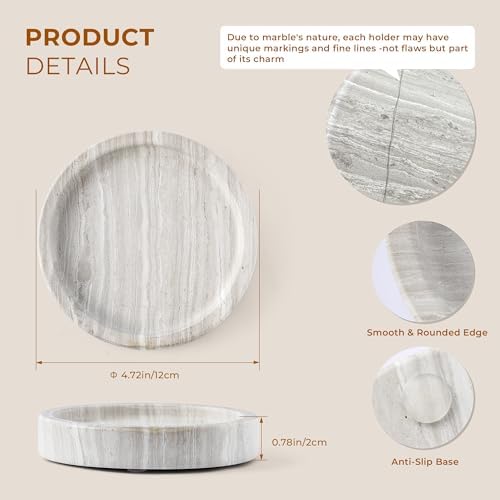 Candle Holders Italy Premium Natural Marble Candlestick Holder for Jar Pillar Candles Large Round Coaster Plate Jewelry Tray Centerpiece for Wedding Dining Table Home Decor Light Grey (WH074) - Image 4