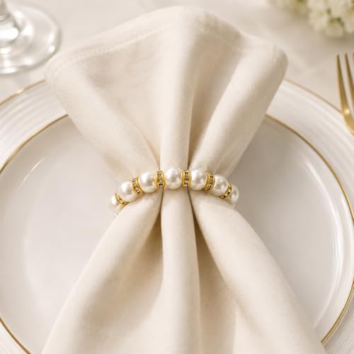 100 PCS Gold Pearl Napkin Rings, Imitation Pearl Ring Napkin Holder, Rhinestone Imitation Beaded Serviette Buckles for Wedding, Formal Dinners, Table Decor and Banquets - Image 3