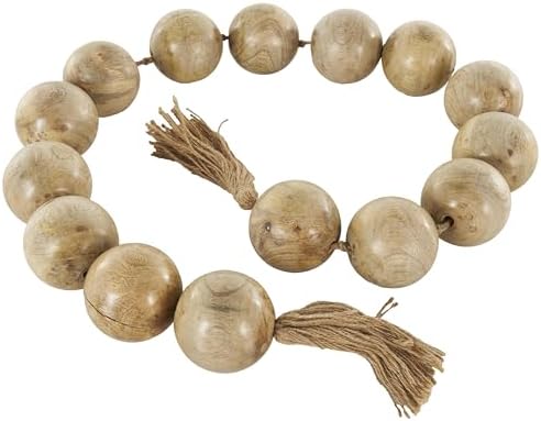 Deco 79 Mango Wood Handmade Beaded Garland with Tassel Round Extra Long Orb Large Beads with Tassel with Knotted Jute, Beads with Tassel 63" x 3" x 3", Brown by Unknown