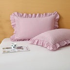 Silnuo Vintage Pink/White Gingham Ruffled King Size Pillow Shams Set of 2 by Silnuo