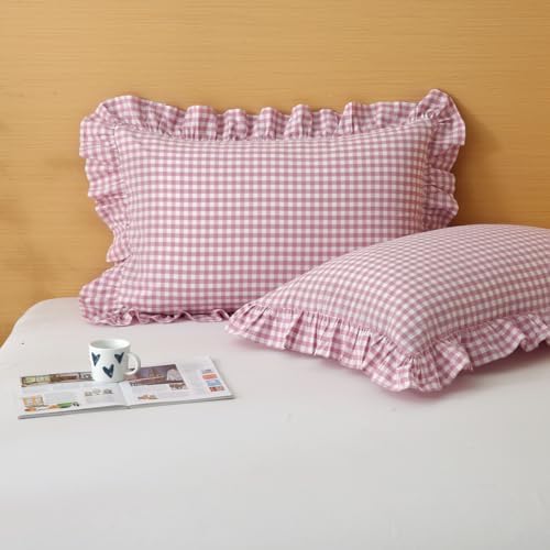 Silnuo Vintage Pink/White Gingham Ruffled King Size Pillow Shams Set of 2 by Silnuo