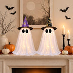 2 Pack Lighted White Ghost Halloween Decorations with Witch Hats, Telescopic Height Adjustable 12.35 to 21.65 Inches, 8 Lighting Modes Battery Operated, Halloween Indoor Decor for Table Mantel - Image 5