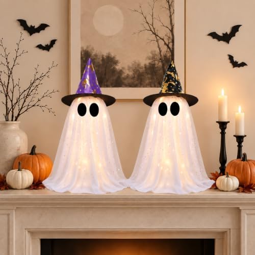 2 Pack Lighted White Ghost Halloween Decorations with Witch Hats, Telescopic Height Adjustable 12.35 to 21.65 Inches, 8 Lighting Modes Battery Operated, Halloween Indoor Decor for Table Mantel - Image 5