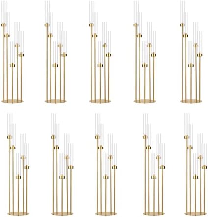 10PCS Gold Floor Candelabra,5 Arms Metal Candle Holder with Acrylic Shade by WeddingPartyDecoration