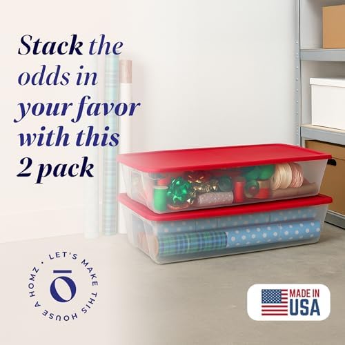 HOMZ Holiday Tote Plastic Storage Bin with Lid, 41 Qt, Clear/Red, 2 Pack - Image 2