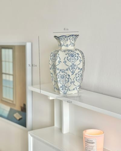 Vintage Blue Ceramic Vase, Blue and White Porcelain Decorative Flower Vase for Centerpiece Living Room Table Shelf, Chinoiserie French Country Decor - Image 2