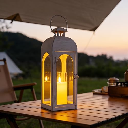 Lantern Decorative Indoor & Outdoor, 16.25'' Large Hanging Candle Lanterns, Metal Decorative Candle Lanterns, Waterproof Hanging Lantern for Porch Patio Wedding Home (White) - Image 4