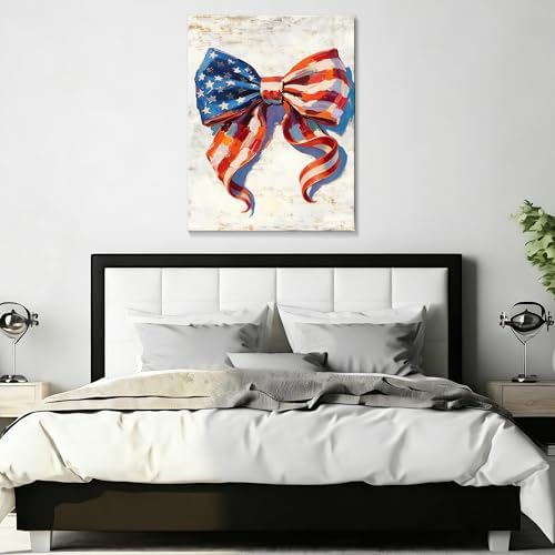 July 4th Patriotic Canvas Wall Art 4th of July USA Decorations American Flag Bow Painting Picture Independence Day Home Decor 24x36in - Image 5