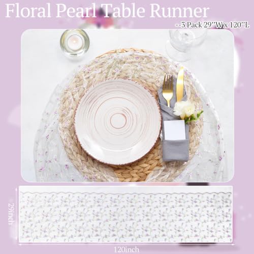Lounsweer 3 Pcs Purple Flower Table Runner 10ft Embroidery Tulle Lace - Image 6