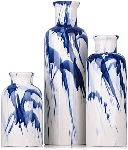 Blue Ceramic Vase Set - 3 Decorative Navy Blue and White Vase for Centerpieces, Farmhouse and Home Decor - Ideal for Living Room, Kitchen, Bedroom, Dining Table and Office Decor by QIANLING