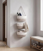 Over the Door Hanging Basket for Organizing 3 Tiers Woven Cotton Rope Wall Mount Storage basket Decorative Kitchen Hanging Organizer Bathroom include 1door hook MixedBrown - Image 5