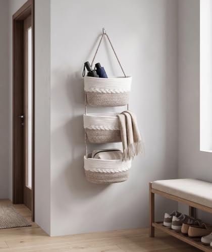 Over the Door Hanging Basket for Organizing 3 Tiers Woven Cotton Rope Wall Mount Storage basket Decorative Kitchen Hanging Organizer Bathroom include 1door hook MixedBrown - Image 5
