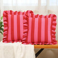 vctops Ruffle Square Throw Pillow Covers Boho Pink and Red Striped Decorative Pillowcases Set of 2, Soft Velvet Accent Cushion Cover Cases for Sofa Bed Living Room Decor (Pink,18"x18") by vctops