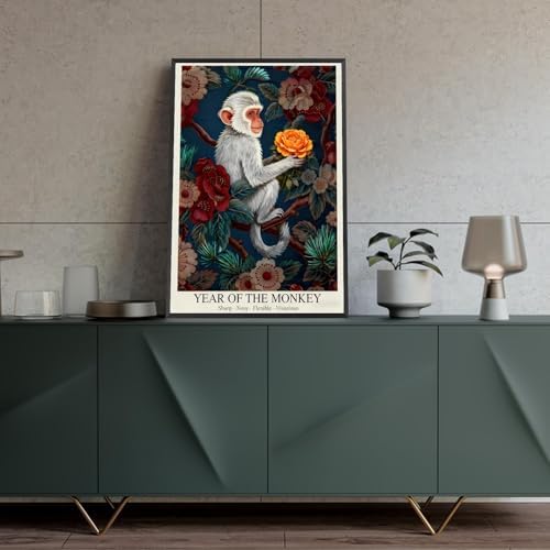 Chinese Lunar Year of the Monkey Art Print – Vibrant Orange Rose & Floral Pattern Zodiac Wall Decor Dark Blue Oriental Aesthetic Home Decoration Poster for Bathroom Bedroom 20X30 in Black Framed - Image 4