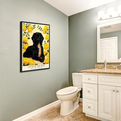 Chinese Lunar Year Of The Dog Wall Art - Black Dog & Yellow Chrysanthemum Canvas Print for Home Decor - Loyal Honest Prudent Kind Theme 12X18 in Black Framed - Image 5