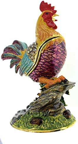 Enameled Country Rooster Trinket Box, Accented with Austrian Crystals, 3.5 Inches Tall - Image 2
