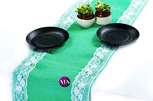VDS Pack of 15, Burlap Table Runner with White Lace Edge, 100% Natural Jute Rustic Hessian Table Cloth Centerpiece for Wedding Birthday Party Banquet Table Decoration (Size 12X108 Inch)(Mint) by VDS