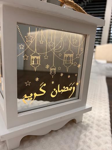 Ramadan Kareem Wooden Mirrored Lantern - Unique Eid Festive Decoration for Home Warm, Inviting Ambiance Muslim Allah New Year (9x7 Inches, Battery Operated), Large - Image 7